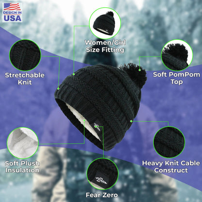 Plush-lined cable knit pom beanie features: stretchy knit, soft pom pom, plush insulation