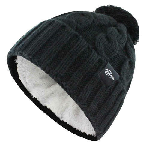 Plush-Lined Cable Knit Pom Beanie in black cuff