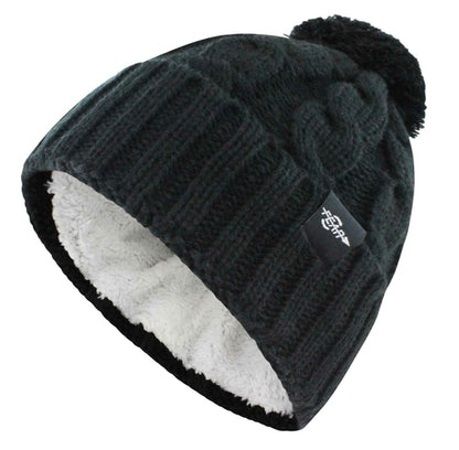 Plush-Lined Cable Knit Pom Beanie in black cuff