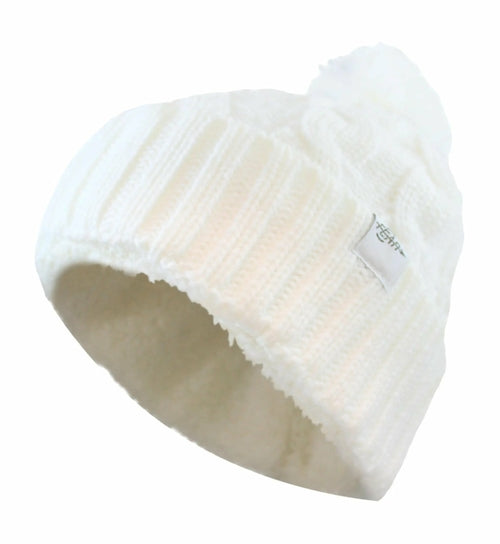 Plush-Lined Cable Knit Pom Beanie in white cuff