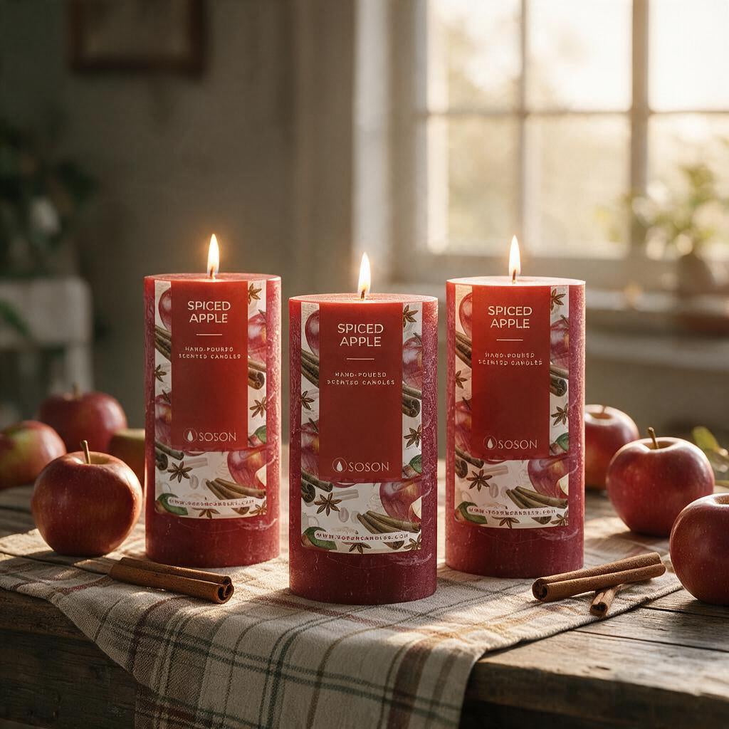 Three spiced apple pillar candles lit on a plaid runner with apples and cinnamon sticks