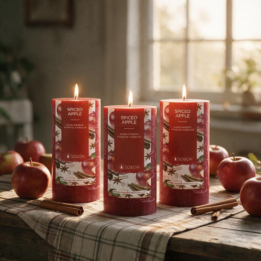 Three spiced apple pillar candles lit on a plaid runner with apples and cinnamon sticks