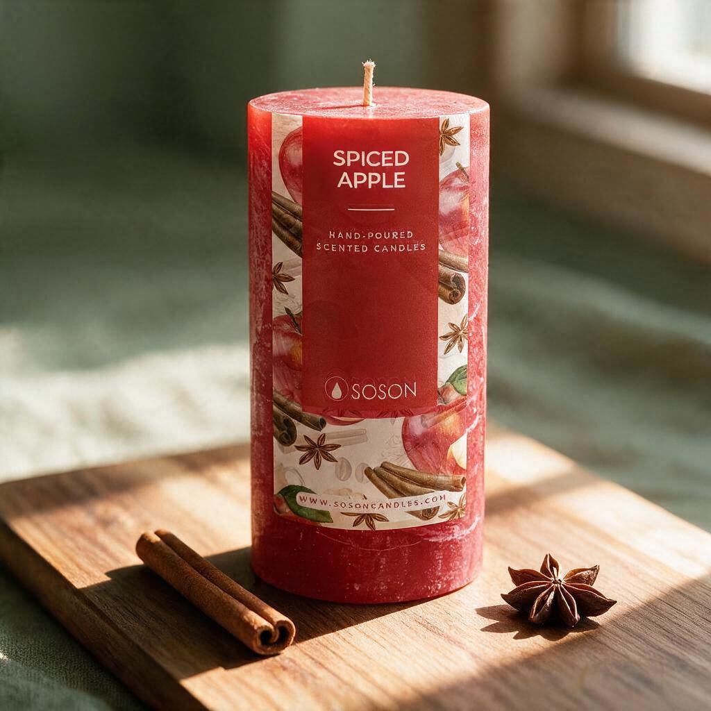 Close-up of a red Spiced Apple pillar candle showing the label and textured wax, with a cinnamon stick and star anise