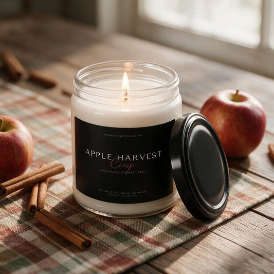 Apple Harvest soy candle lit on a plaid runner with apples and cinnamon sticks