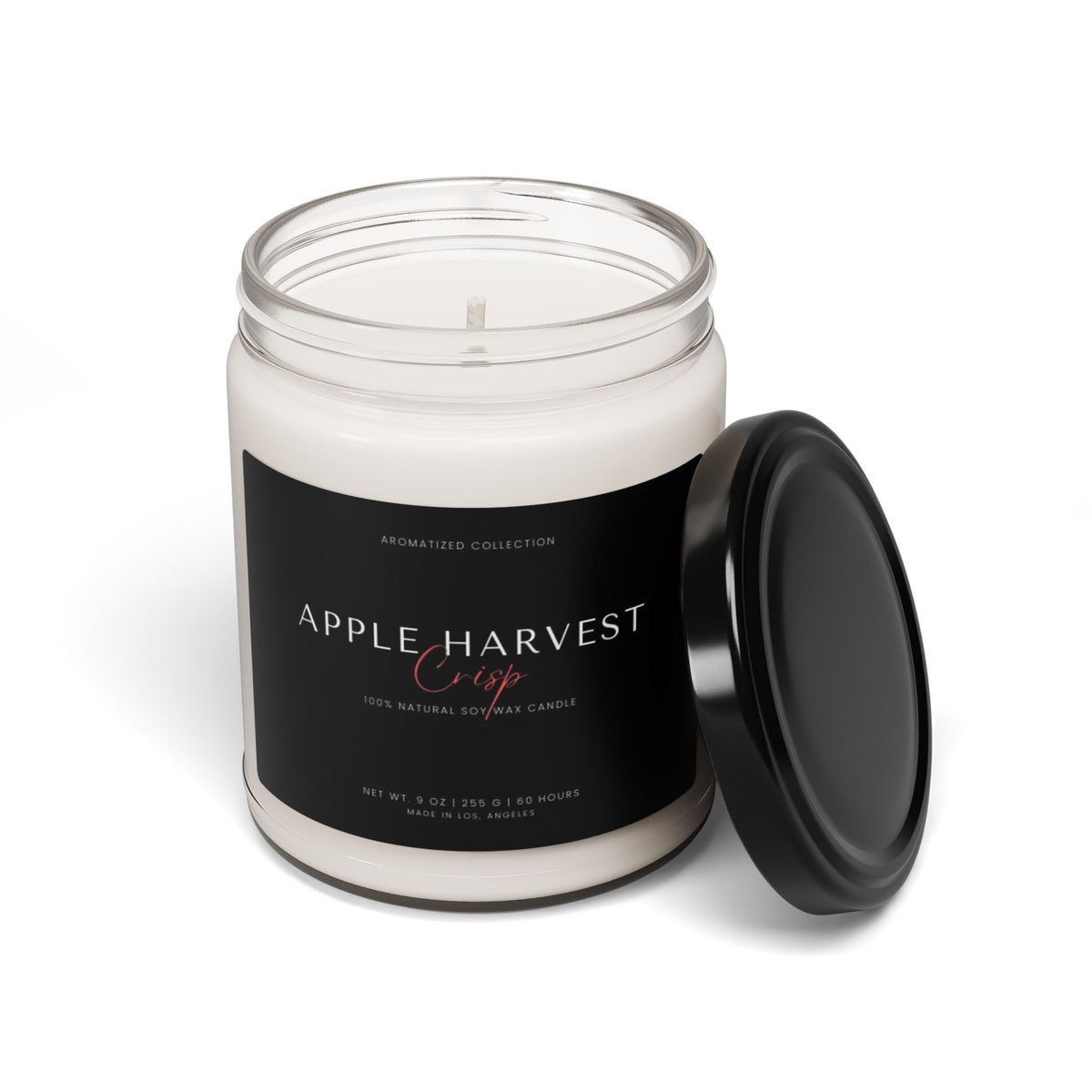Apple Harvest Crisp soy candle in a glass jar with black lid off