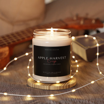 Lit Apple Harvest Crisp candle surrounded by fairy lights