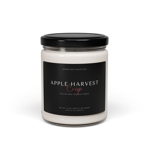 Apple Harvest Crisp soy candle with black lid on white