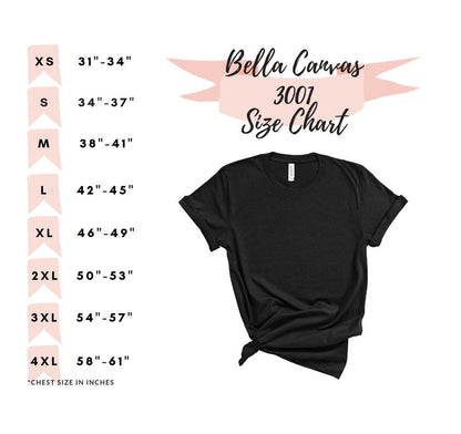 Bella Canvas 3001 size chart, XS to 4XL chest sizes