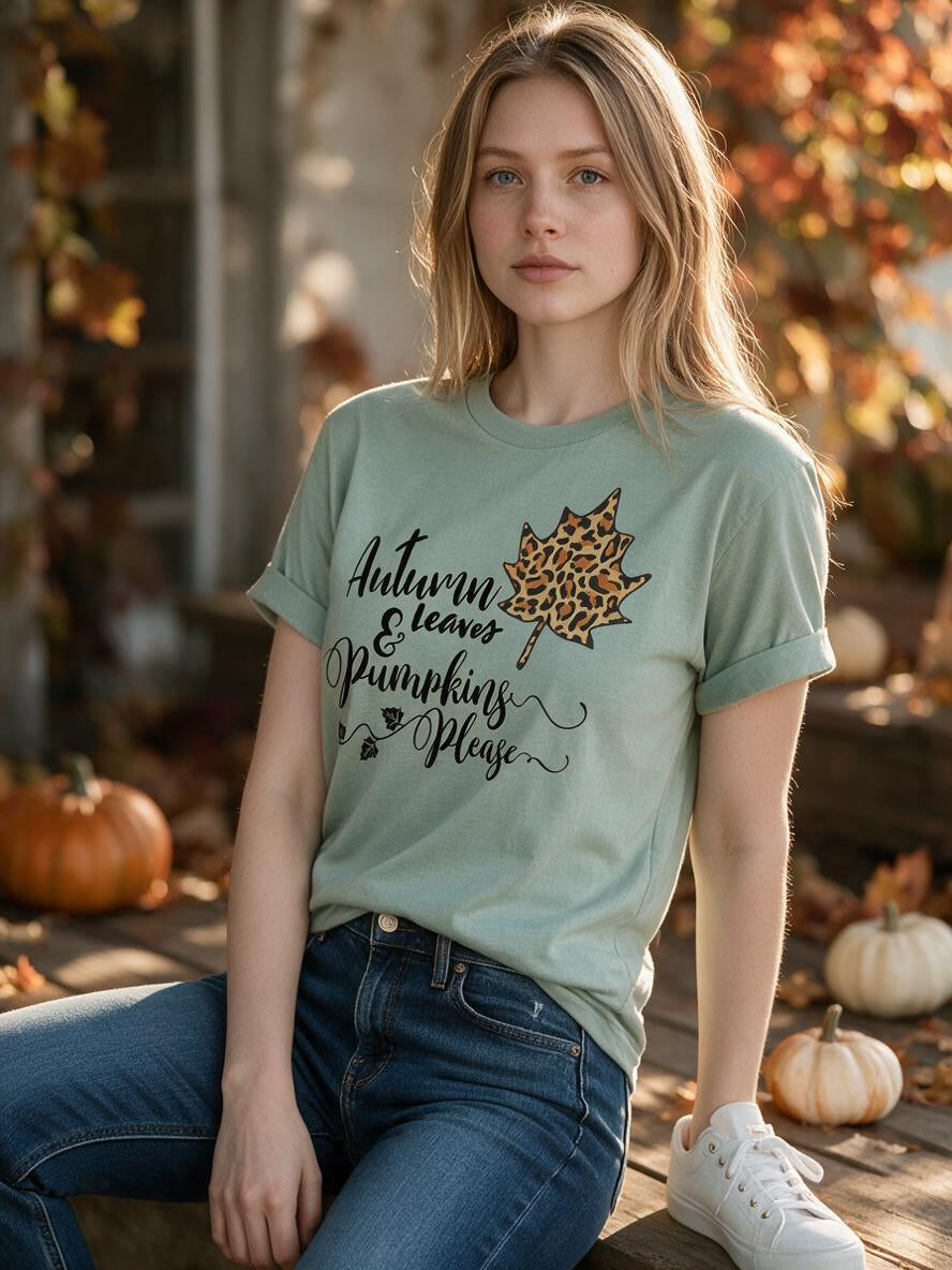 Woman wearing the sage Autumn Leaves and Pumpkins Please t-shirt with jeans on an autumn porch