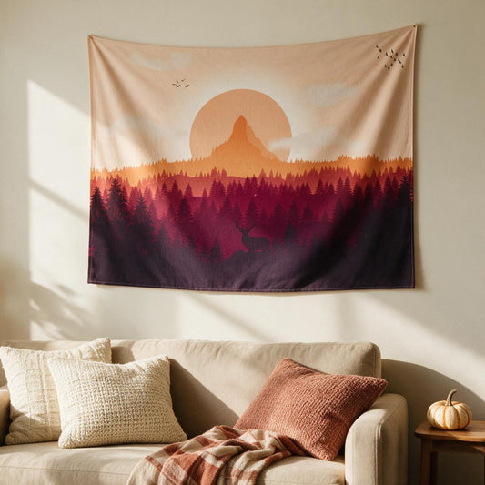 Autumn sunset mountain and forest wall tapestry hanging above a cozy sofa