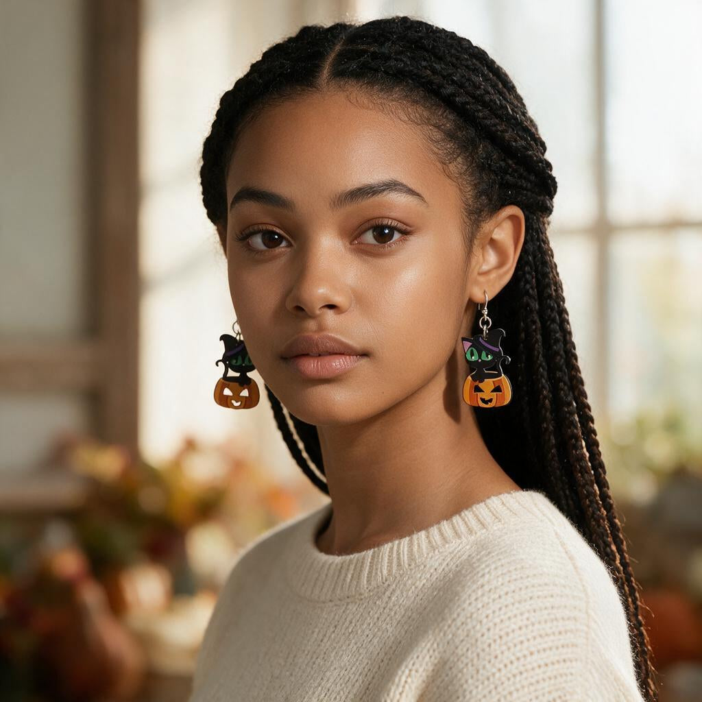 Woman wearing the black cat pumpkin dangle earrings with a cream sweater