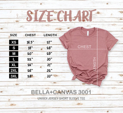 Bella Canvas 3001 t-shirt size chart, XS to 3XL chest and length