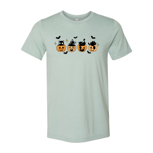 Black Cat Pumpkin Halloween T-Shirt in heather dusty blue