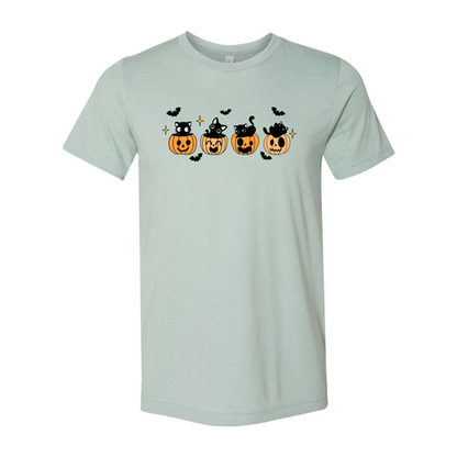 Black Cat Pumpkin Halloween T-Shirt in heather dusty blue