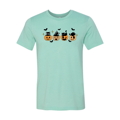 Black Cat Pumpkin Halloween T-Shirt in heather mint