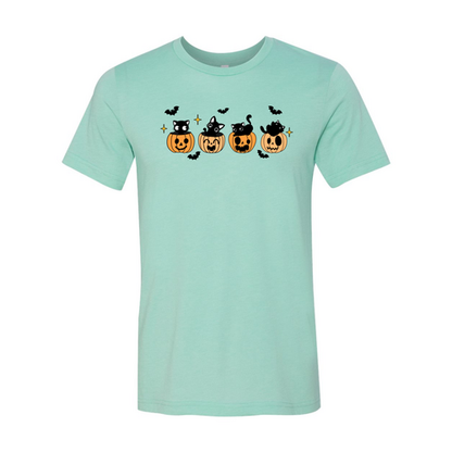 Black Cat Pumpkin Halloween T-Shirt in heather mint