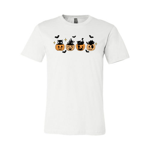 Black Cat Pumpkin Halloween T-Shirt in white