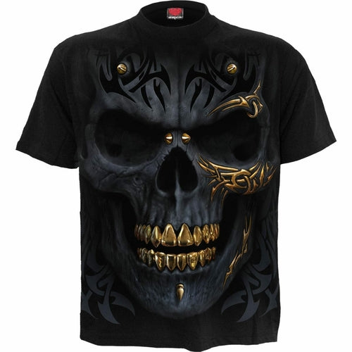 Front print of the tribal skull tee: black skull with gold teeth and gold tribal accents
