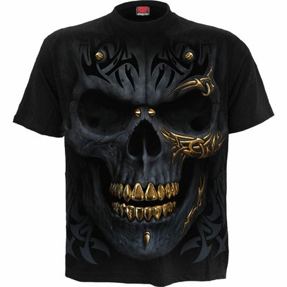 Front print of the tribal skull tee: black skull with gold teeth and gold tribal accents