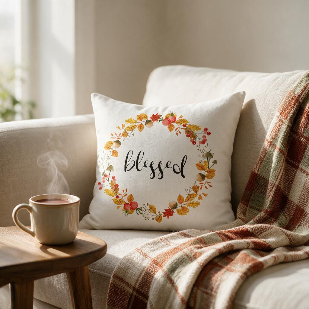 Blessed fall wreath throw pillow on a cream linen sofa with a plaid throw and cocoa