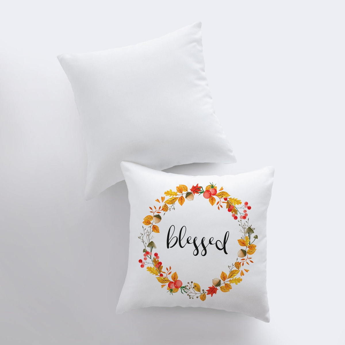 Front and back of the Blessed fall wreath throw pillow