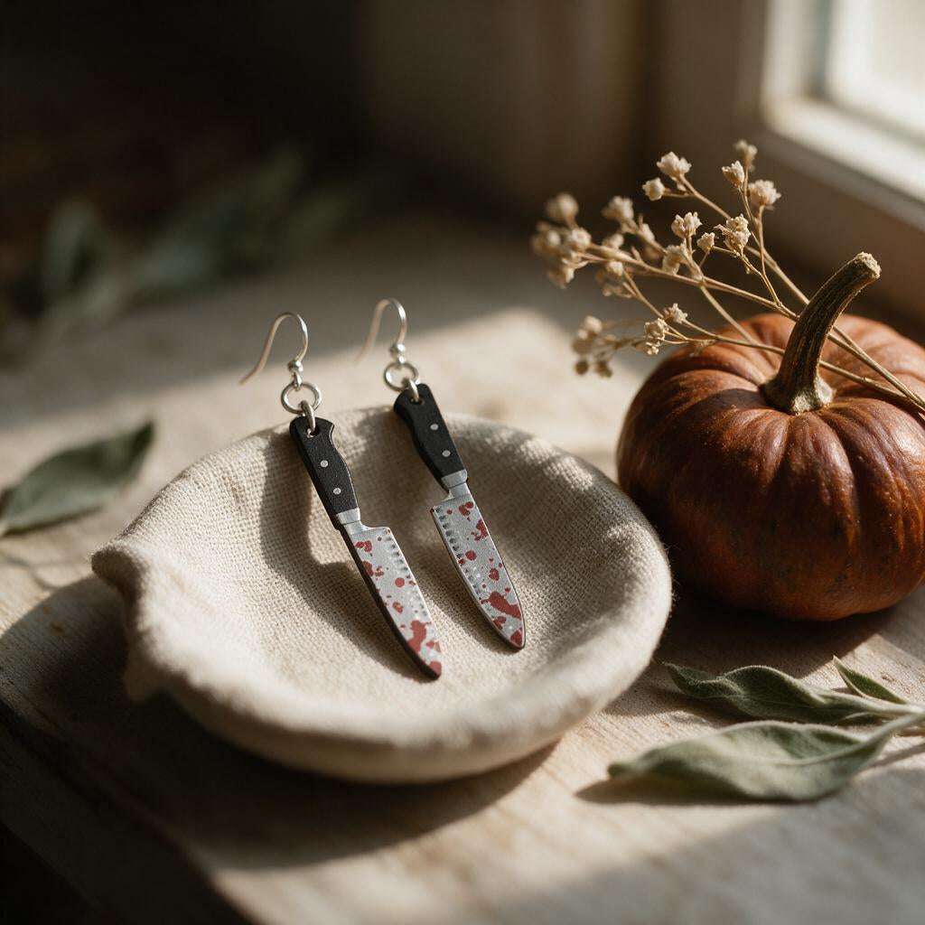 Bloody chef's knife wooden earrings on a linen dish beside a pumpkin and dried flowers