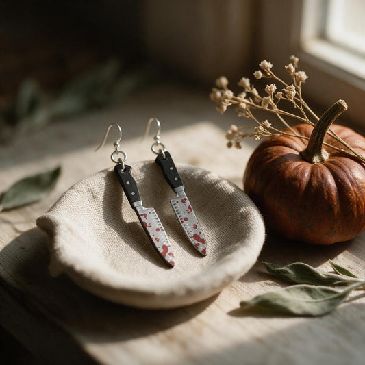 Bloody chef's knife wooden earrings on a linen dish beside a pumpkin and dried flowers