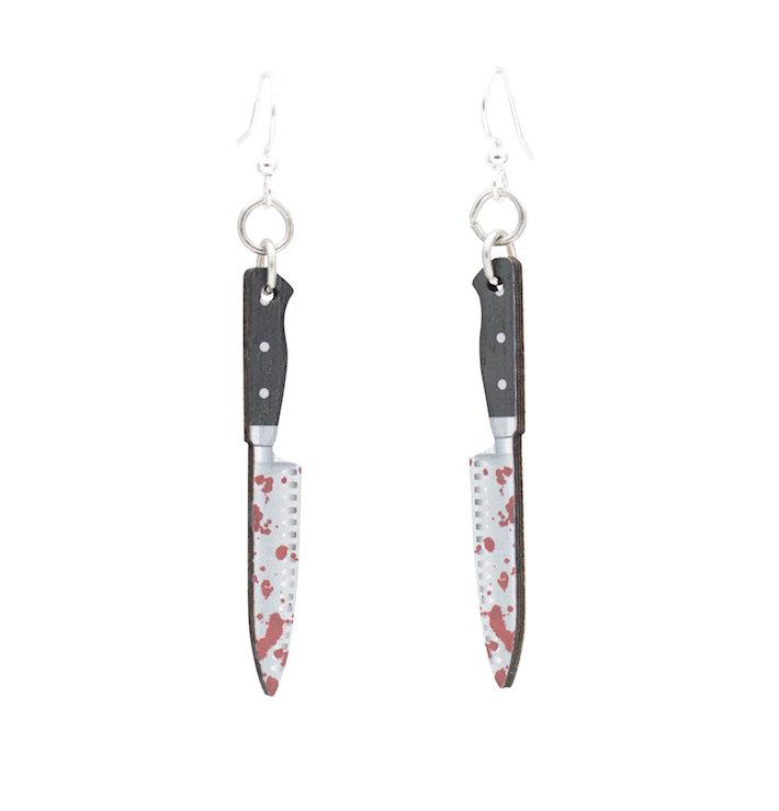 Pair of bloody chef's knife wooden dangle earrings with silver hooks on white