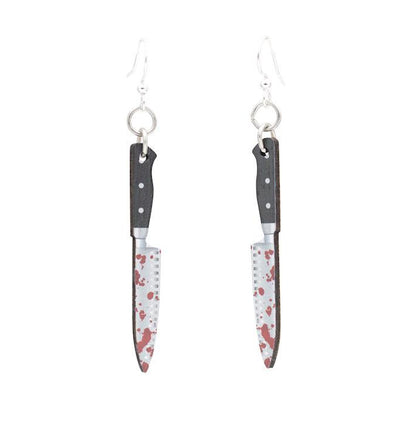 Pair of bloody chef's knife wooden dangle earrings with silver hooks on white