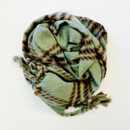 Sage green plaid scarf with braided fringe, loosely folded on white