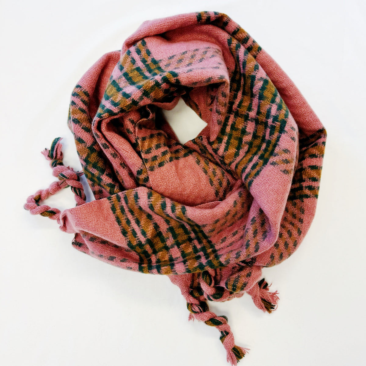Braided Fringe Plaid Scarf in pink