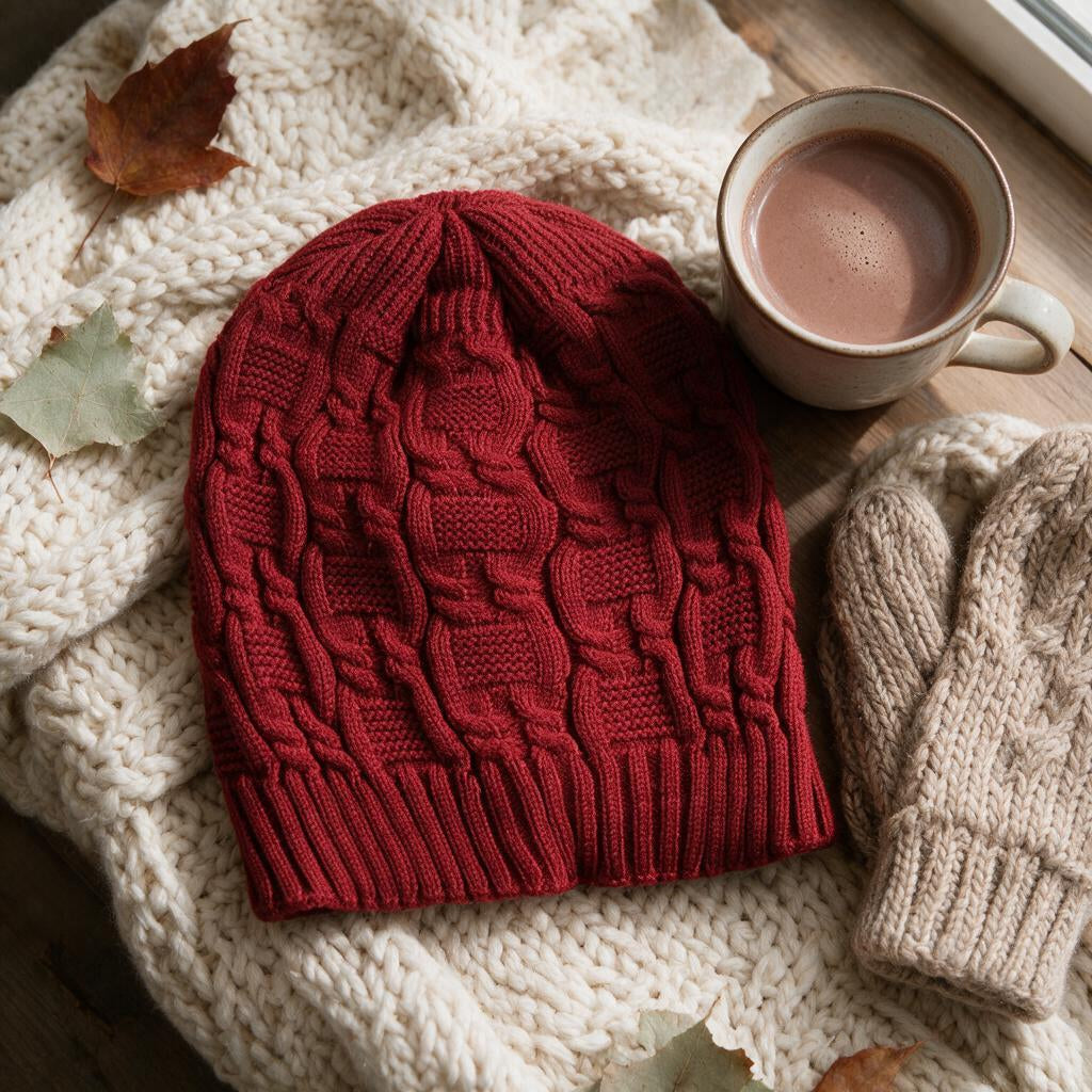 Red cable knit slouchy beanie on a cream knit blanket with cocoa and mittens