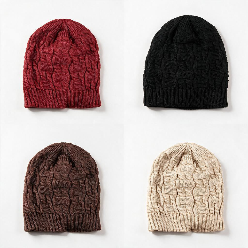 Cable knit slouchy beanies in red, black, coffee brown and beige on a white background