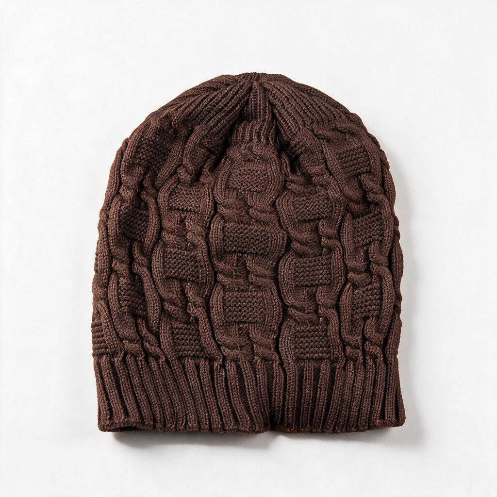 Cable knit slouchy beanie in coffee brown on a white background