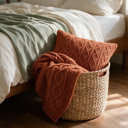 Rust cable knit throw and matching pillow in a woven seagrass basket at the foot of a bed