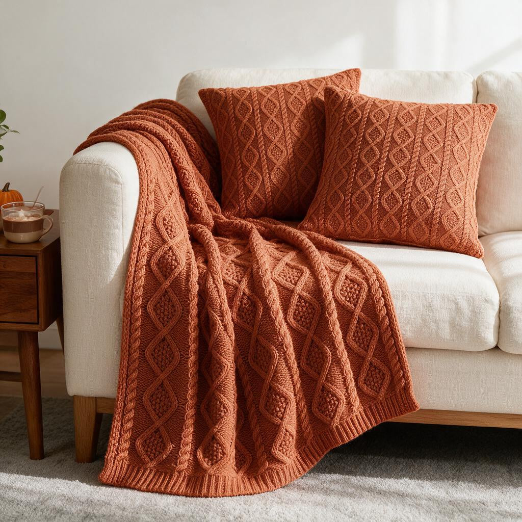Rust cable knit throw blanket and two matching pillows on a cream sofa