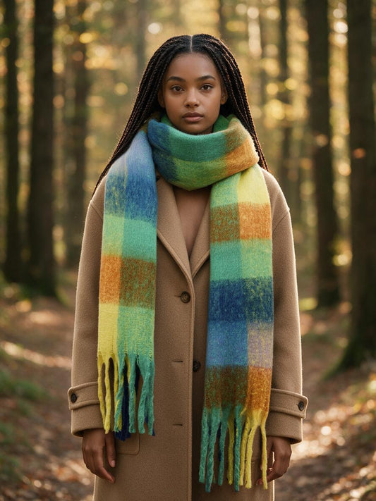 Woman wearing the chunky multicolor plaid blanket scarf over a camel coat in an autumn forest