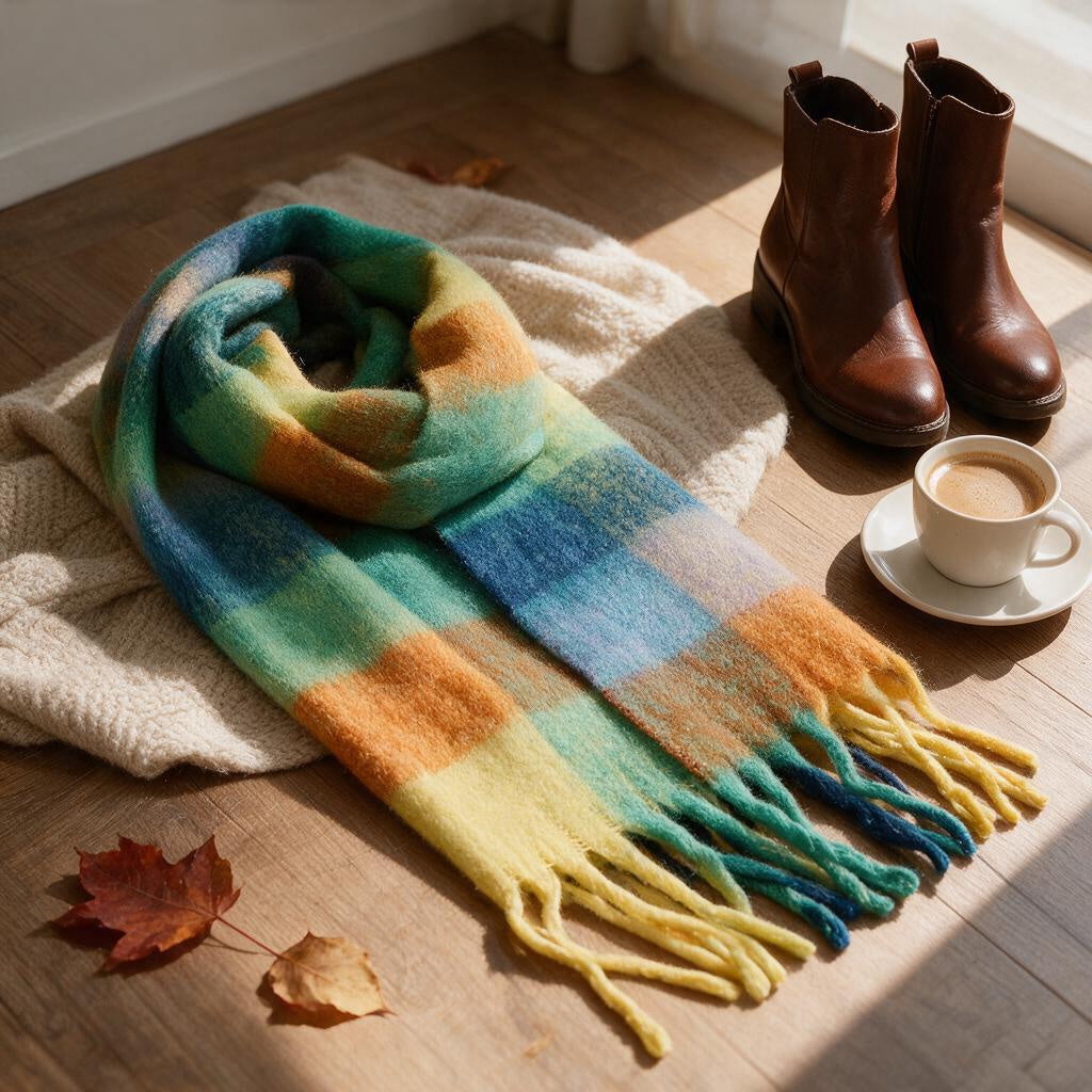 Rainbow plaid chunky blanket scarf with tassels laid on a wood floor beside brown boots and coffee