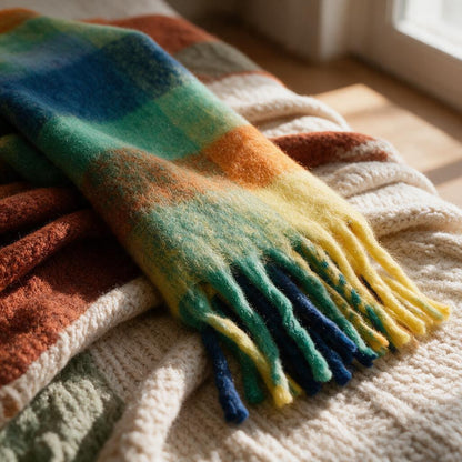 Close-up of the fuzzy blue, green, yellow and orange plaid and thick tassels on the blanket scarf