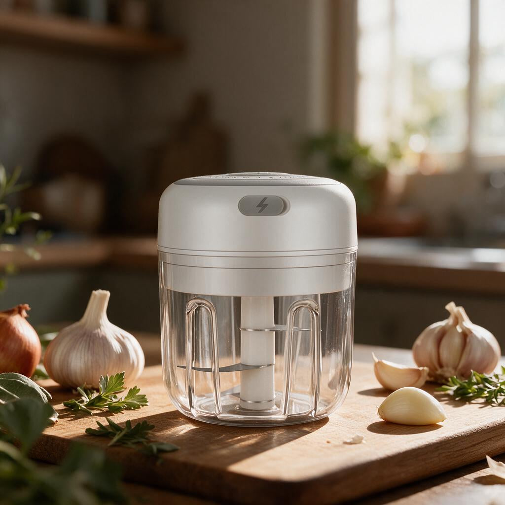 Cordless electric garlic chopper on a cutting board with garlic, onion and herbs