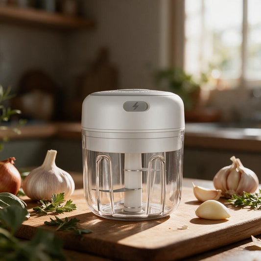 Cordless electric garlic chopper on a cutting board with garlic, onion and herbs