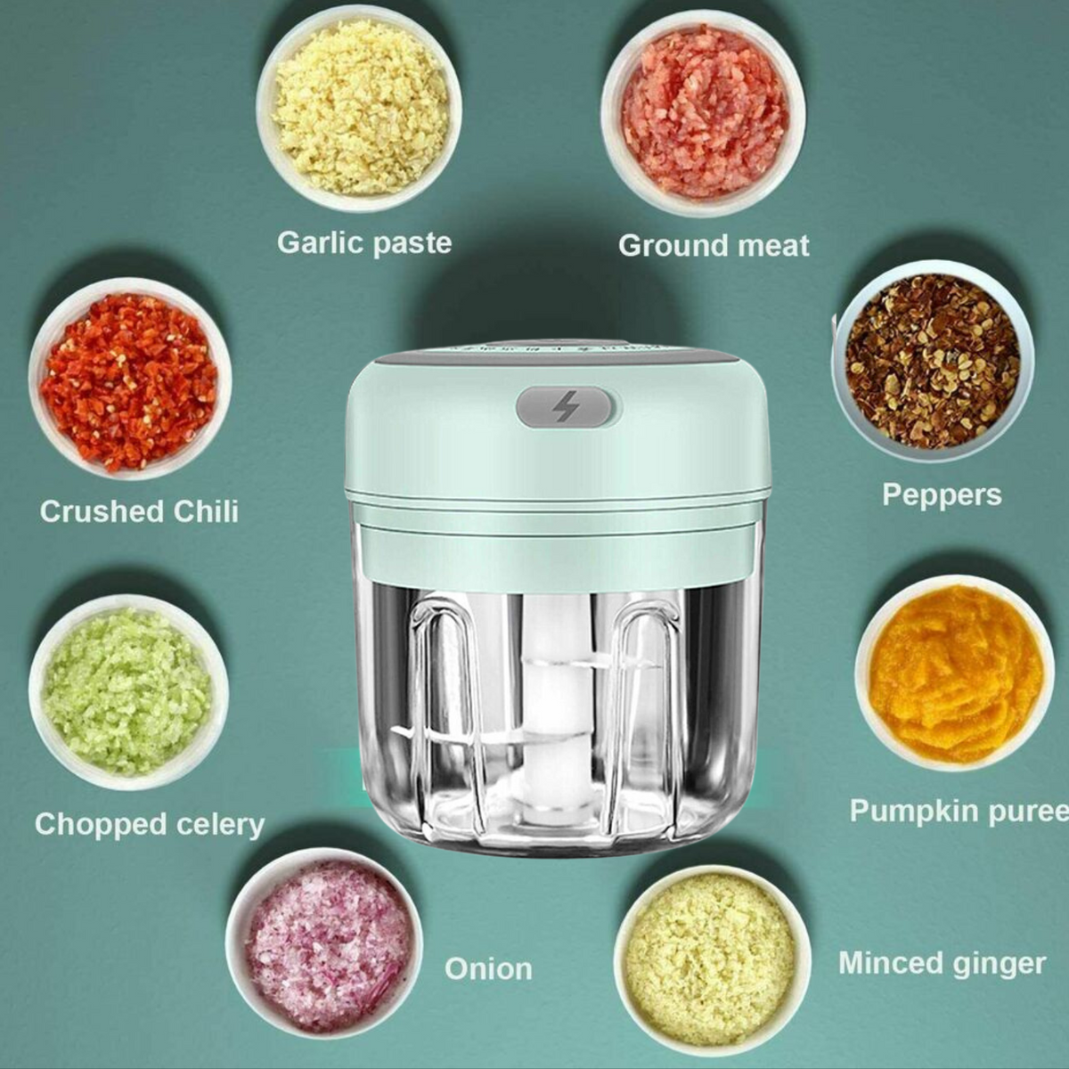 Garlic chopper for garlic, meat, chili, peppers, celery, onion and ginger