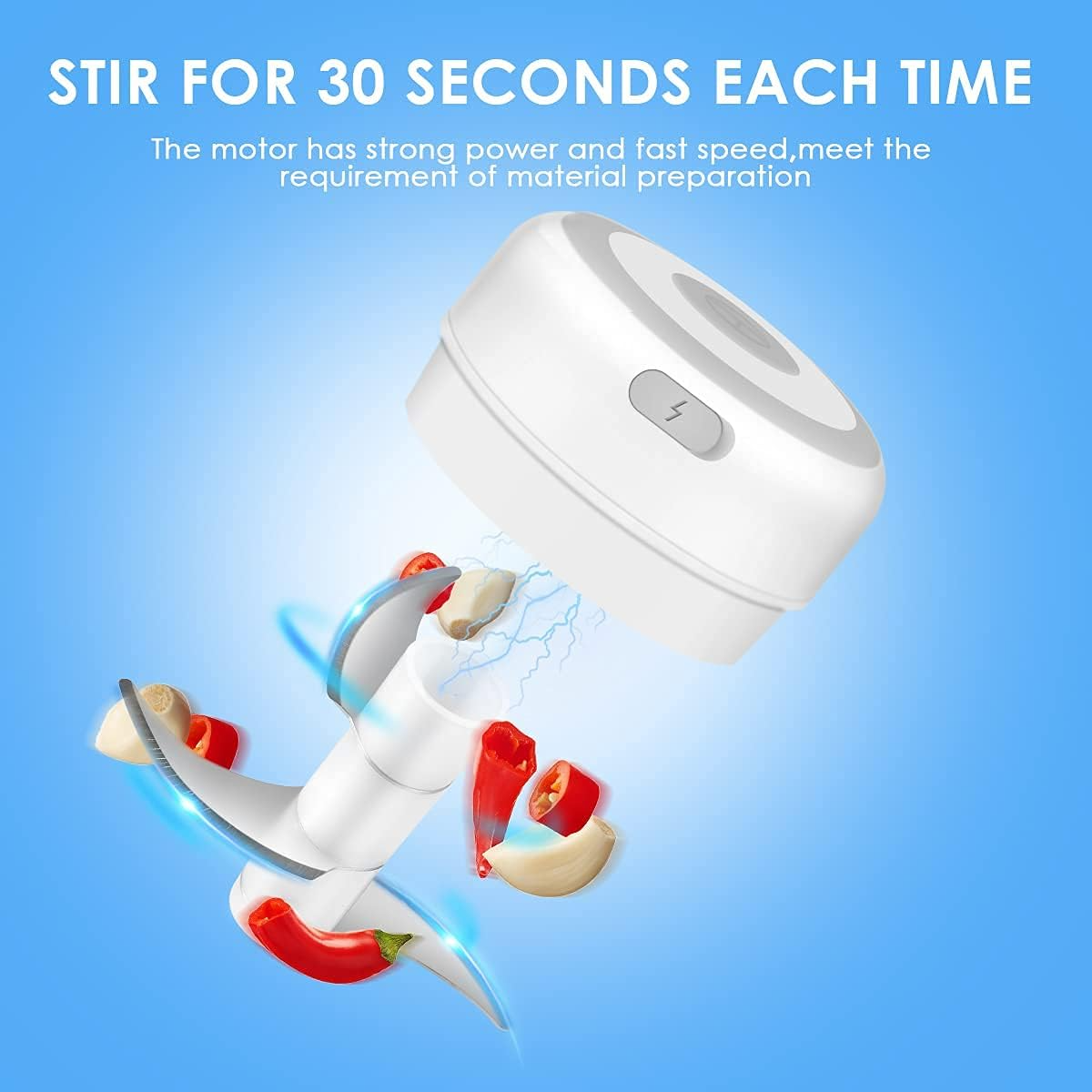 Garlic chopper blades mince in about 30 seconds