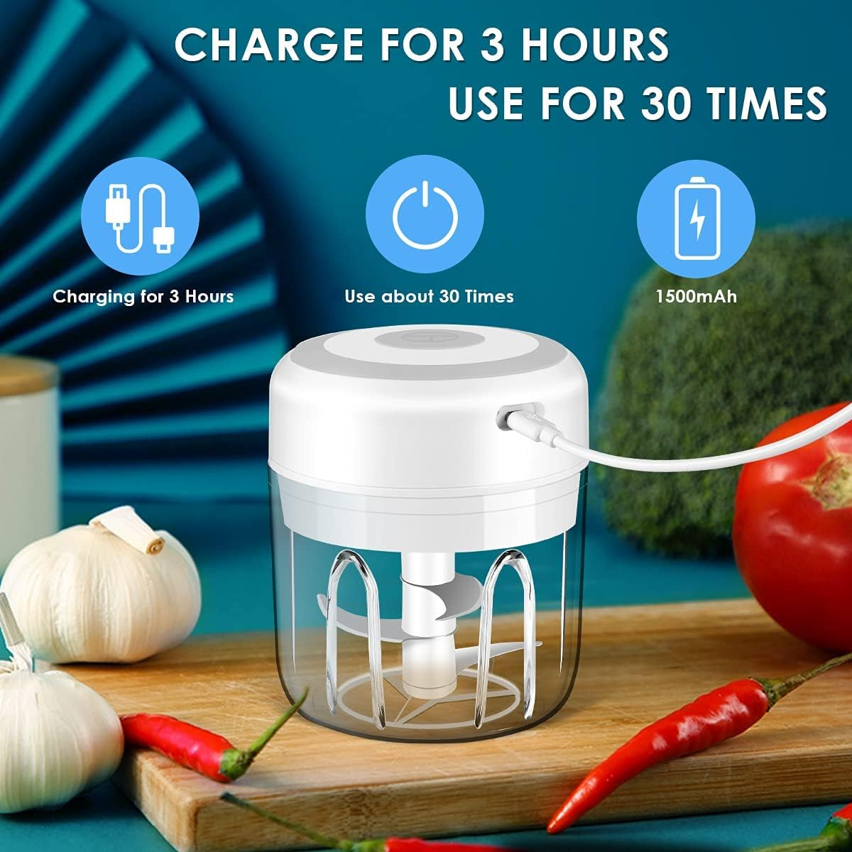 Garlic chopper charges in 3 hours for about 30 uses