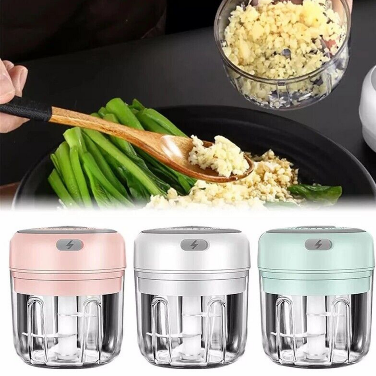 Minced garlic and garlic choppers in pink, white and green