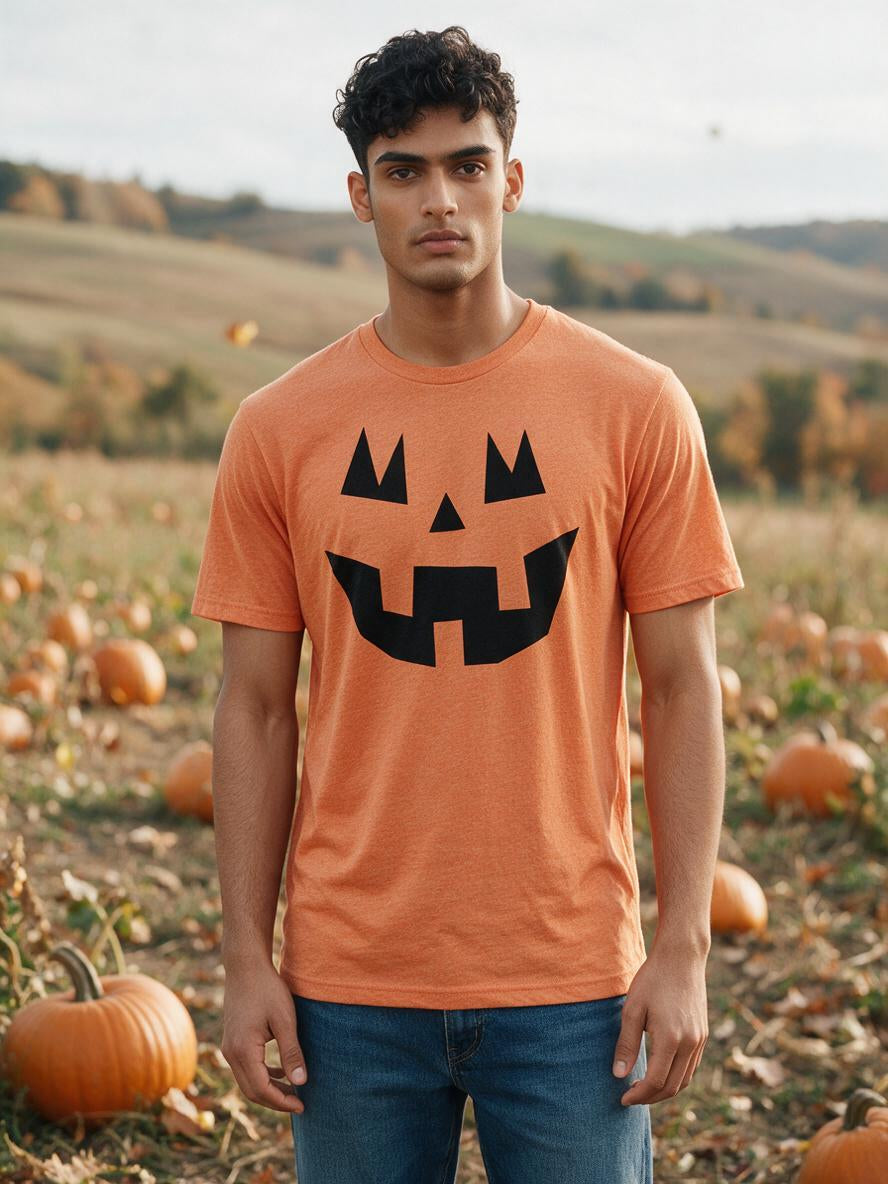 Man wearing the orange jack-o-lantern face Halloween t-shirt in a pumpkin patch
