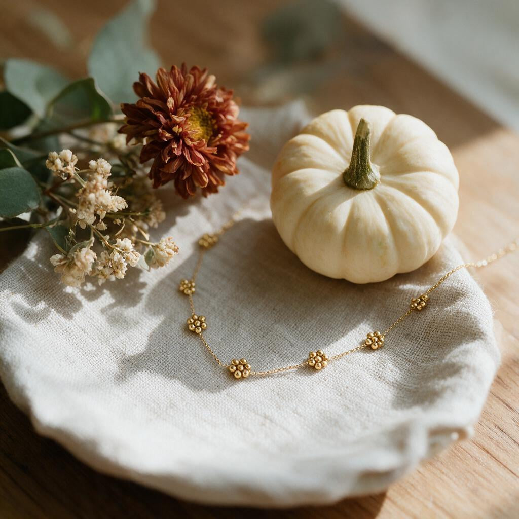 Dainty gold bead flower necklace on linen beside a white mini pumpkin and dried flowers