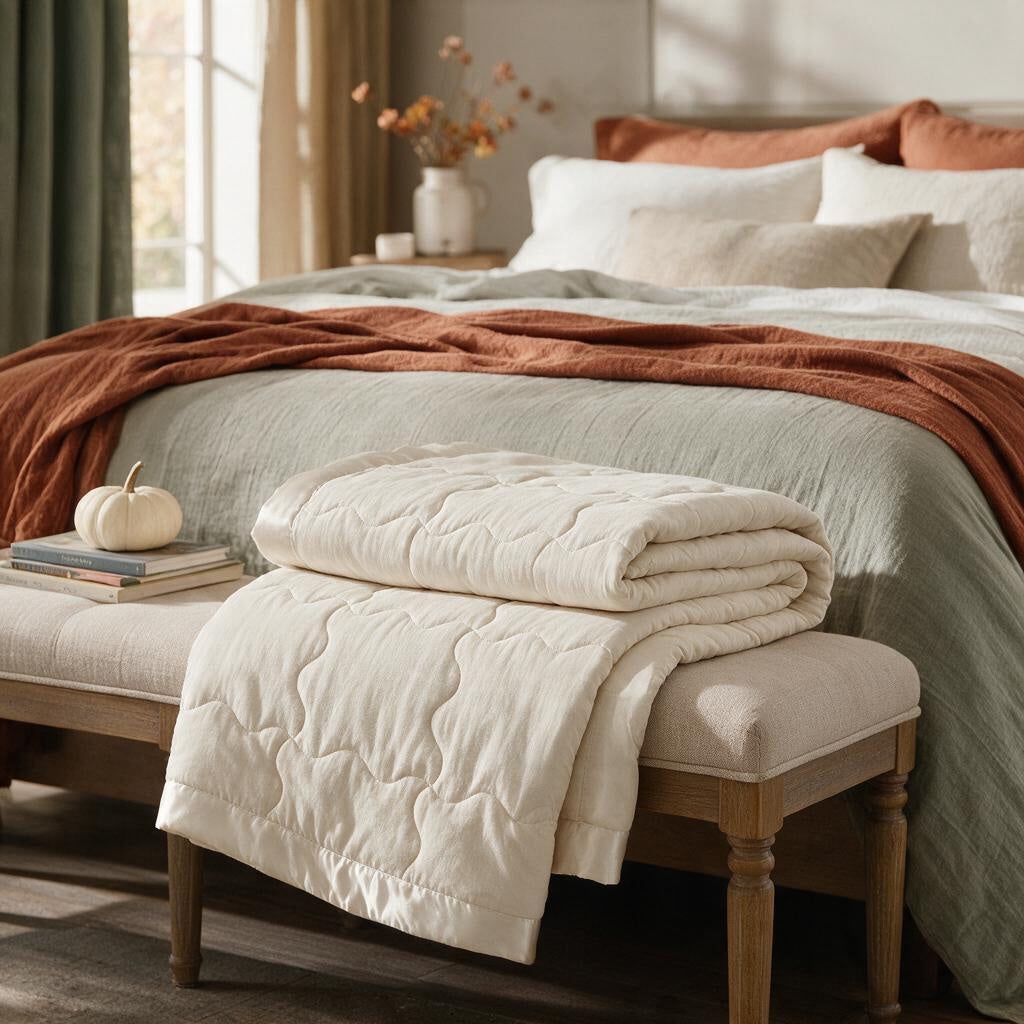 Ivory down alternative blanket with satin trim folded on an upholstered bench at the foot of a bed