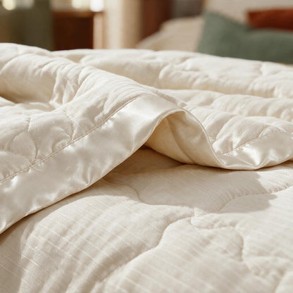 Close-up of the wavy quilting and ivory satin trim edge on the down alternative blanket