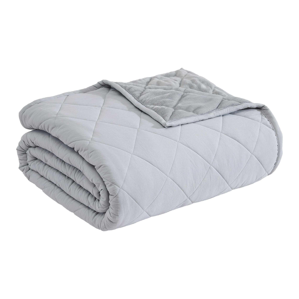 Folded grey diamond-quilted Eddie Bauer reversible blanket on white
